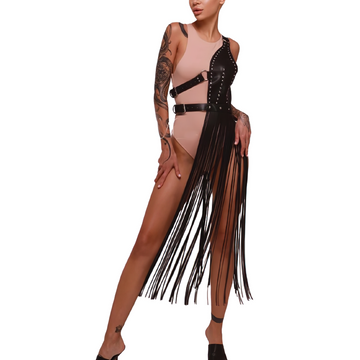 PU Leather Long Skirt Harness With Fringe / Women's Sexy Black Body Harness - EVE's SECRETS